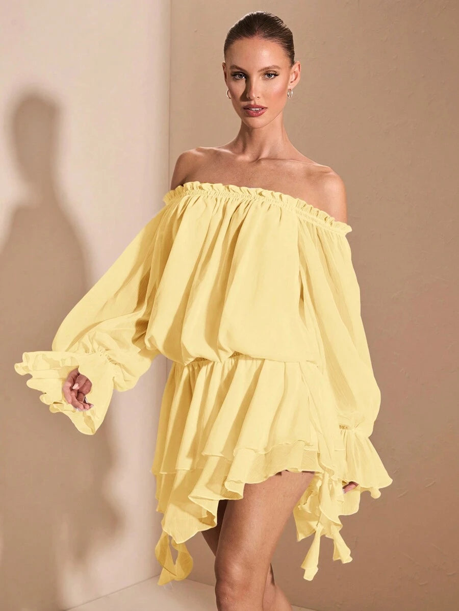 Chic A-Line Off-Shoulder Long Sleeve Ruffled Pastel Yellow Mini Homecoming Dress