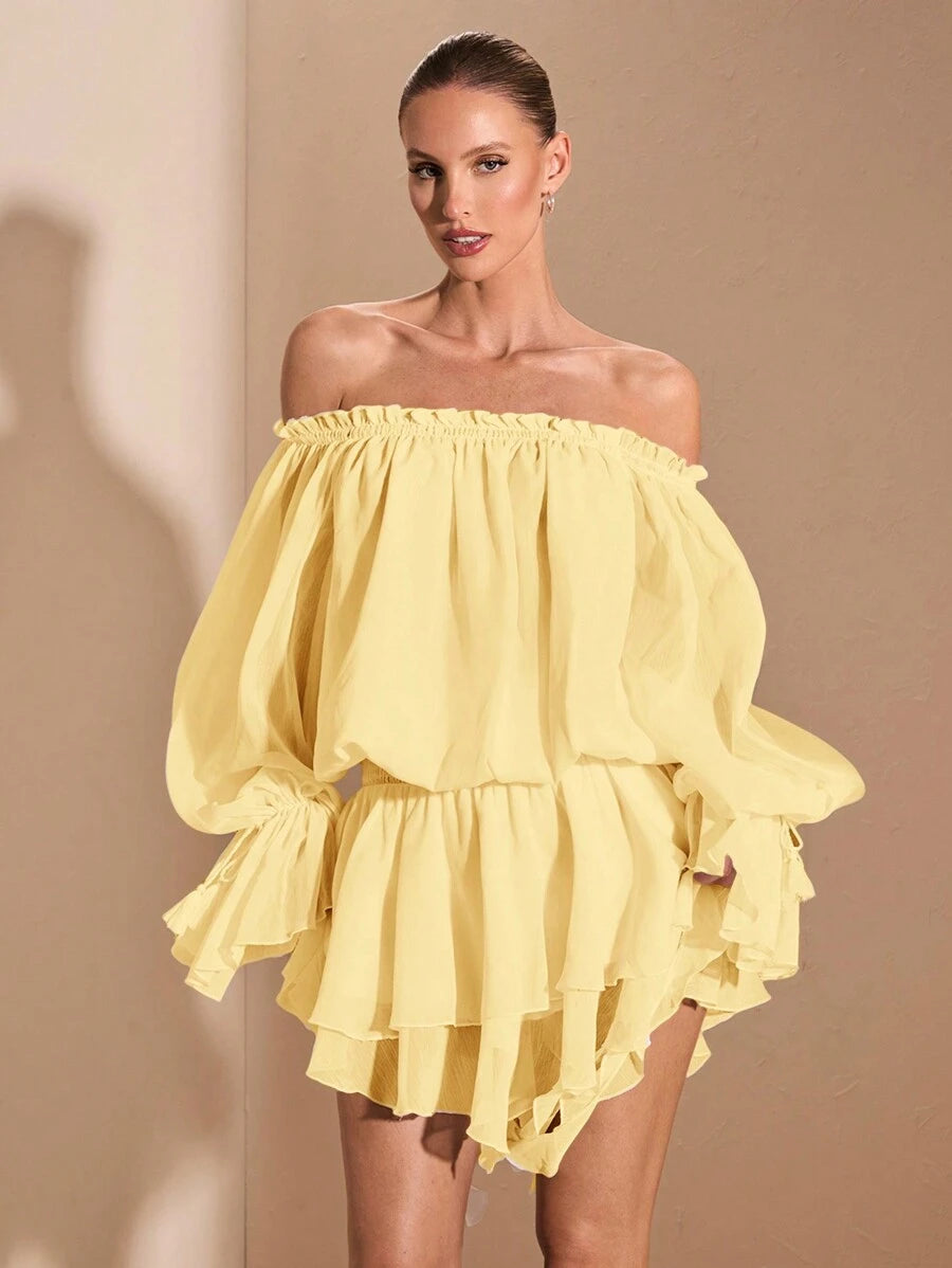 Chic A-Line Off-Shoulder Long Sleeve Ruffled Pastel Yellow Mini Homecoming Dress