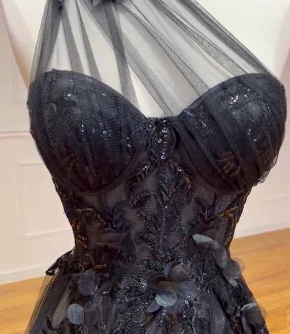 Chic A-Line One Shoulder Appliques Black Long Prom Dress With High Slit