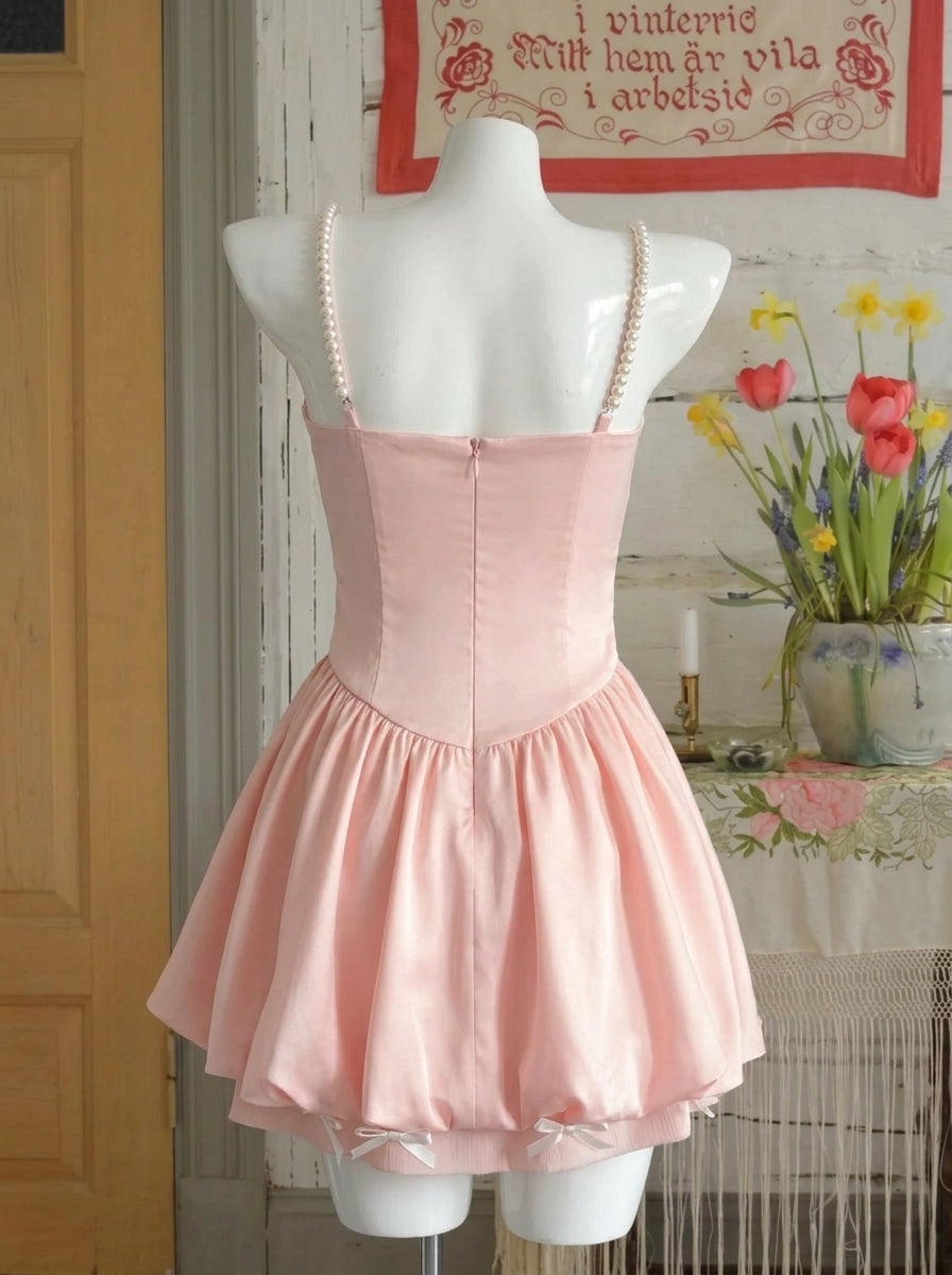 Chic A-Line Pearl Straps Corset Blush Pink Short Homecoming Dress With Bubble Hem