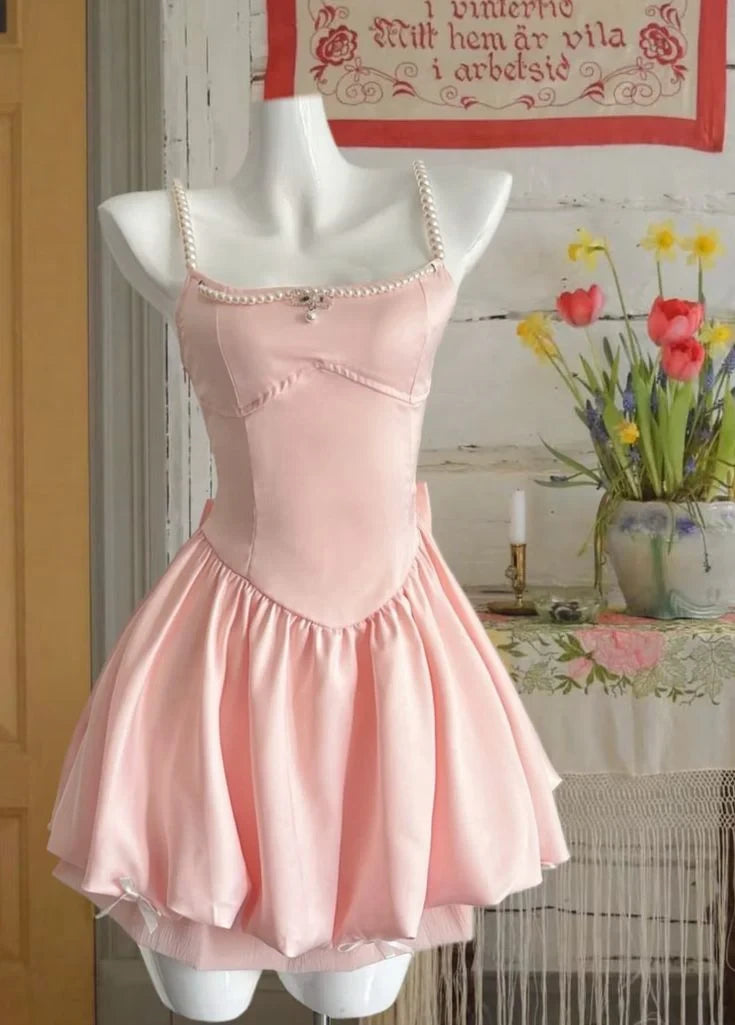 Chic A-Line Pearl Straps Corset Blush Pink Short Homecoming Dress With Bubble Hem
