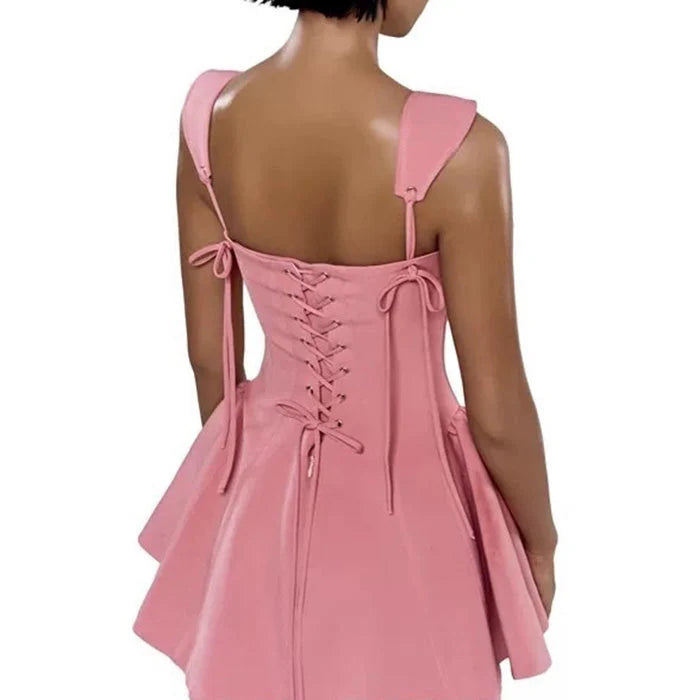Chic A-Line Square Neck Bow-Tie Corset Pink Mini Homecoming Dress Ready To Ship