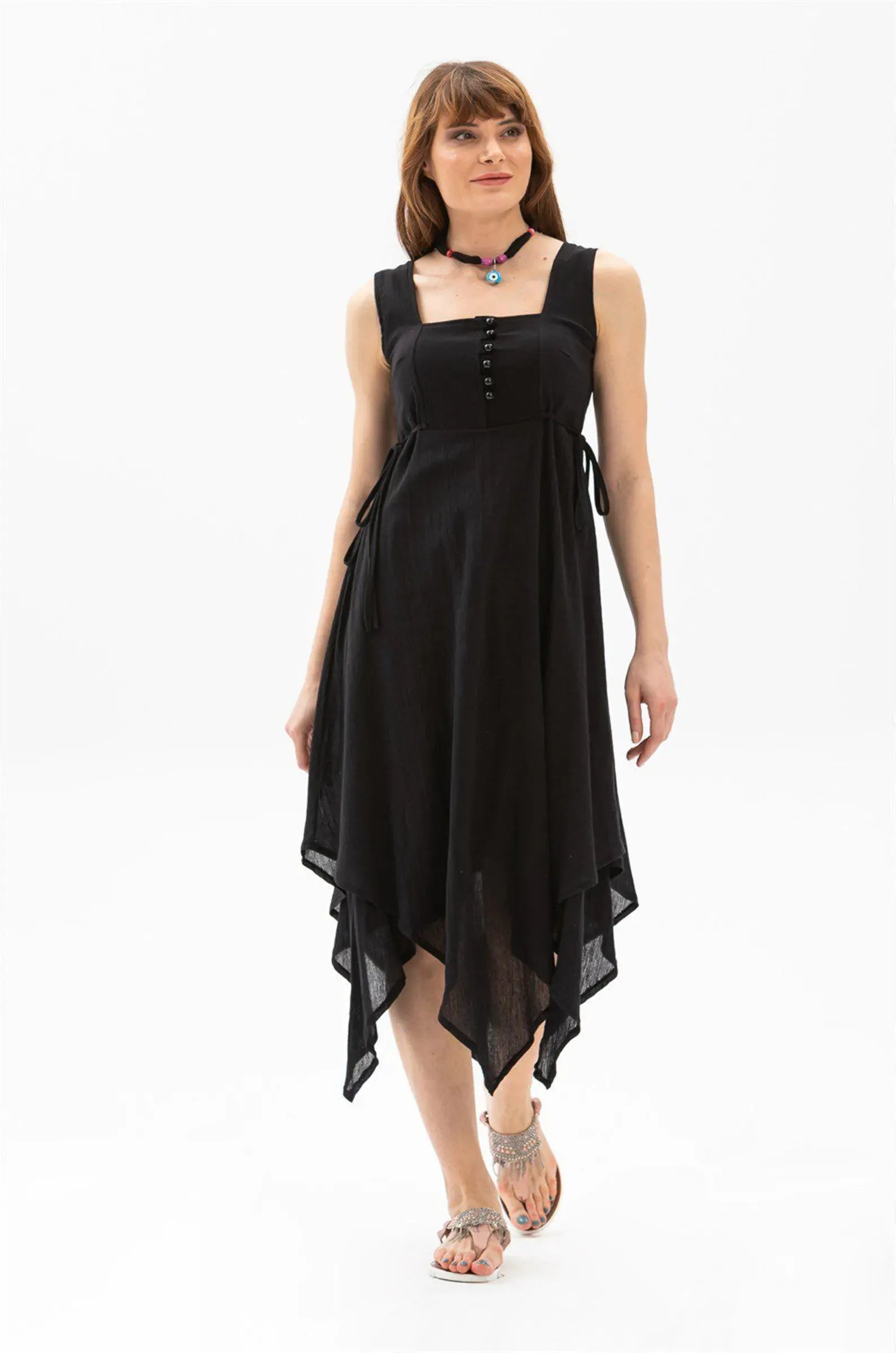 Chic A-Line Square Neck Empire Waist Black Midi Prom Dress With Asymmetrical Hem