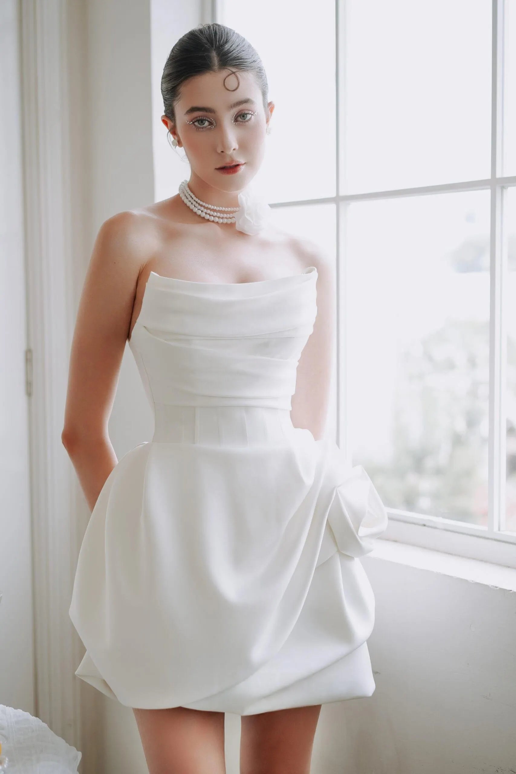 Chic A-Line Strapless Draped 3D Rose Satin White Short Homecoming Dress