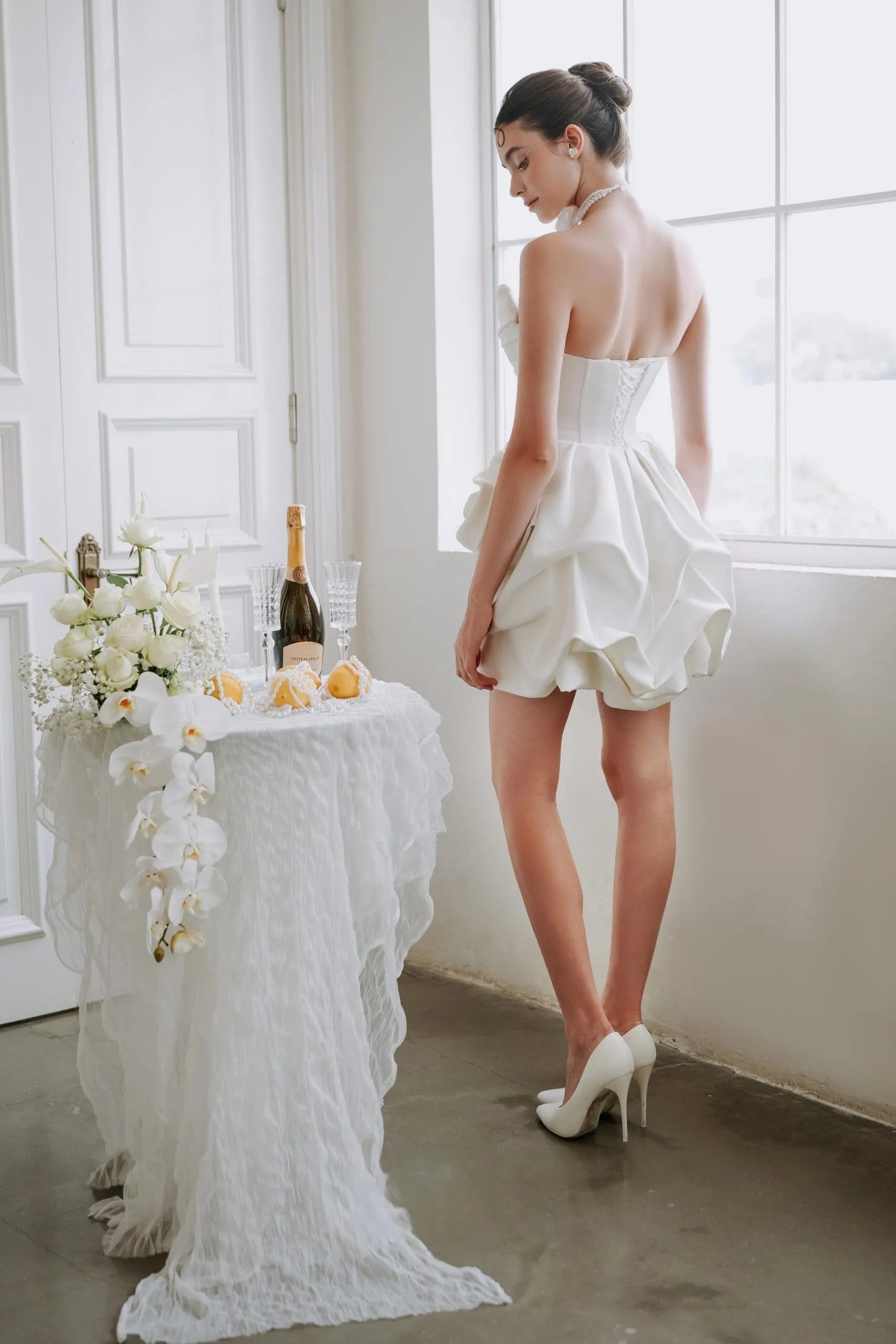 Chic A-Line Strapless Draped 3D Rose Satin White Short Homecoming Dress
