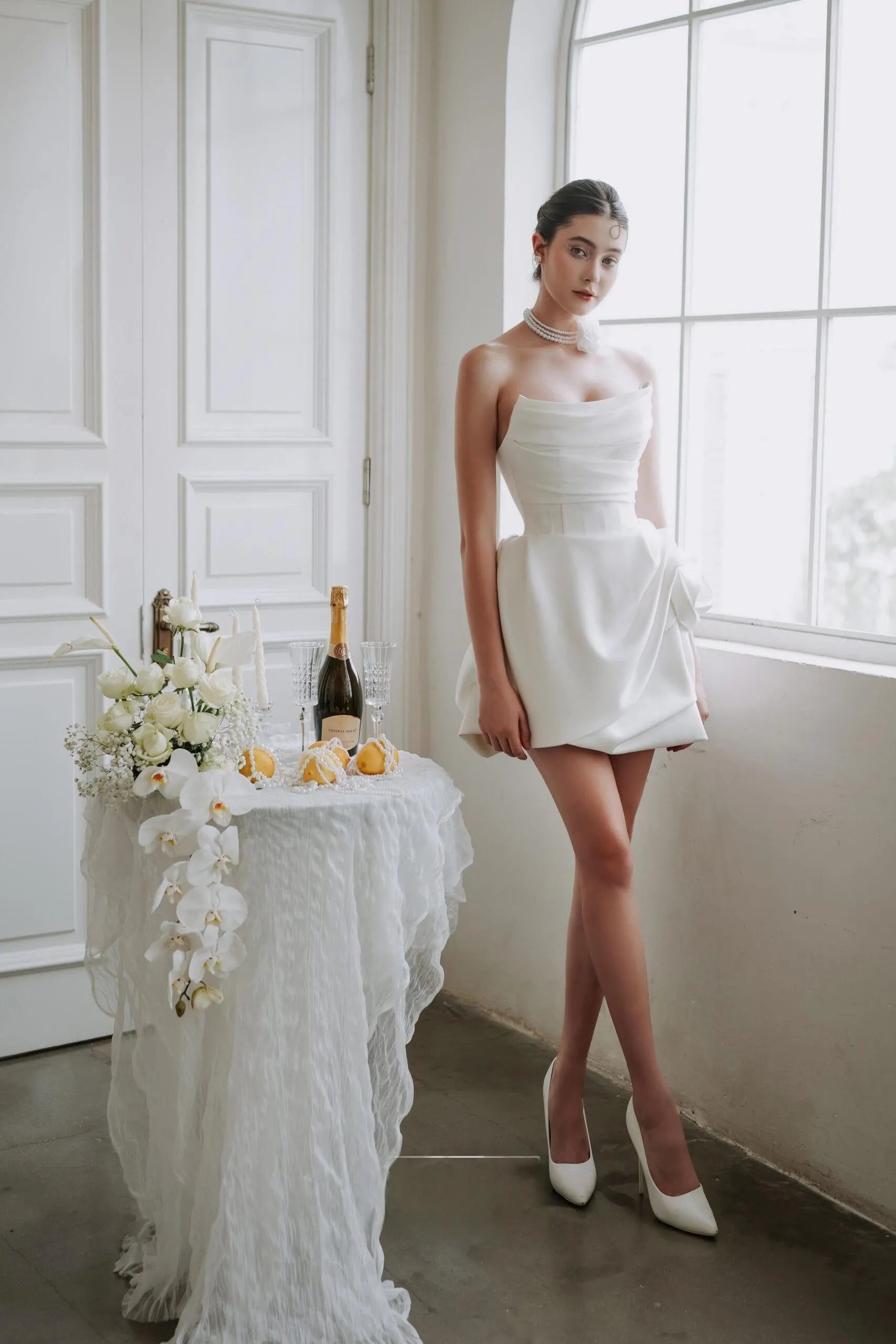 Chic A-Line Strapless Draped 3D Rose Satin White Short Homecoming Dress