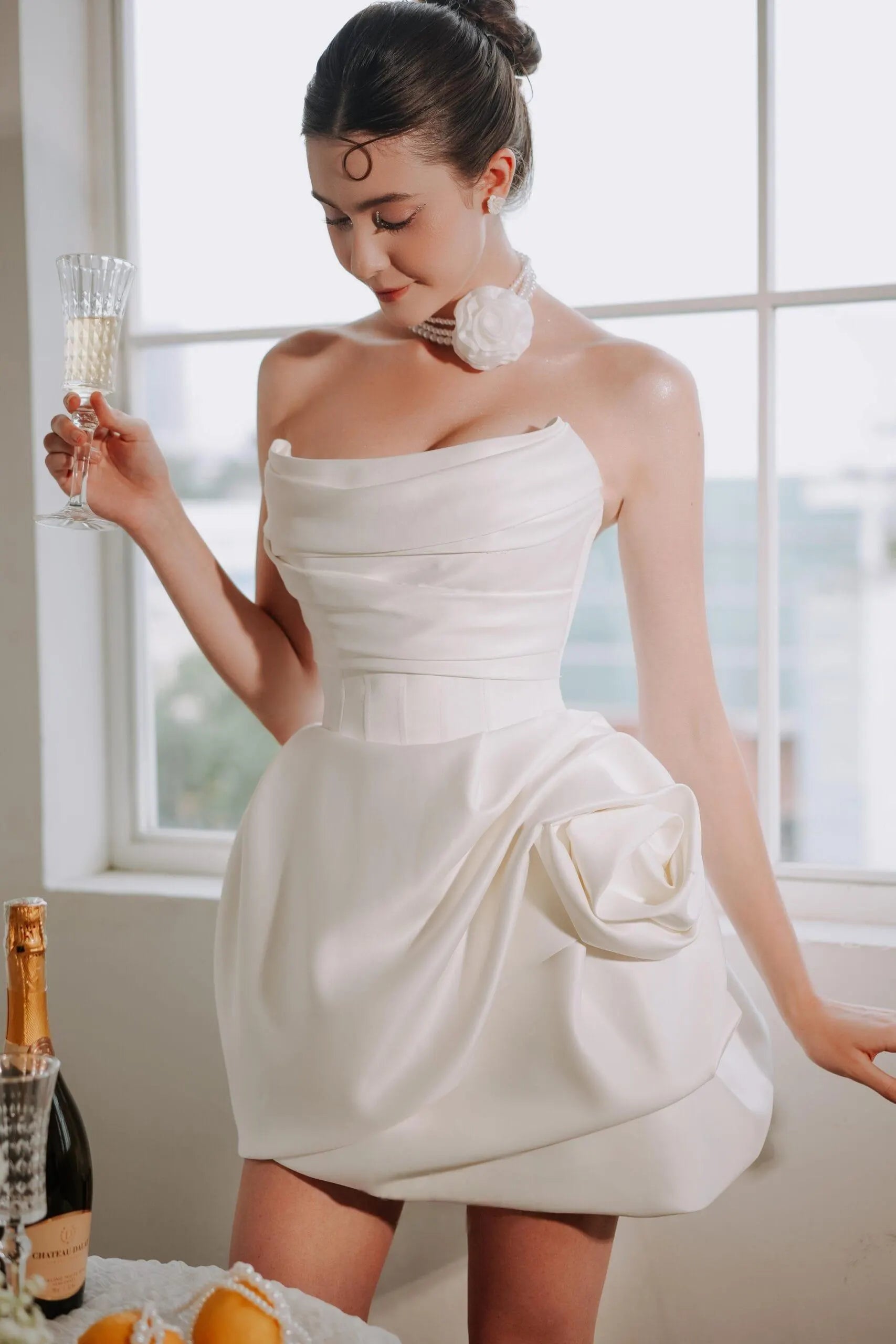 Chic A-Line Strapless Draped 3D Rose Satin White Short Homecoming Dress