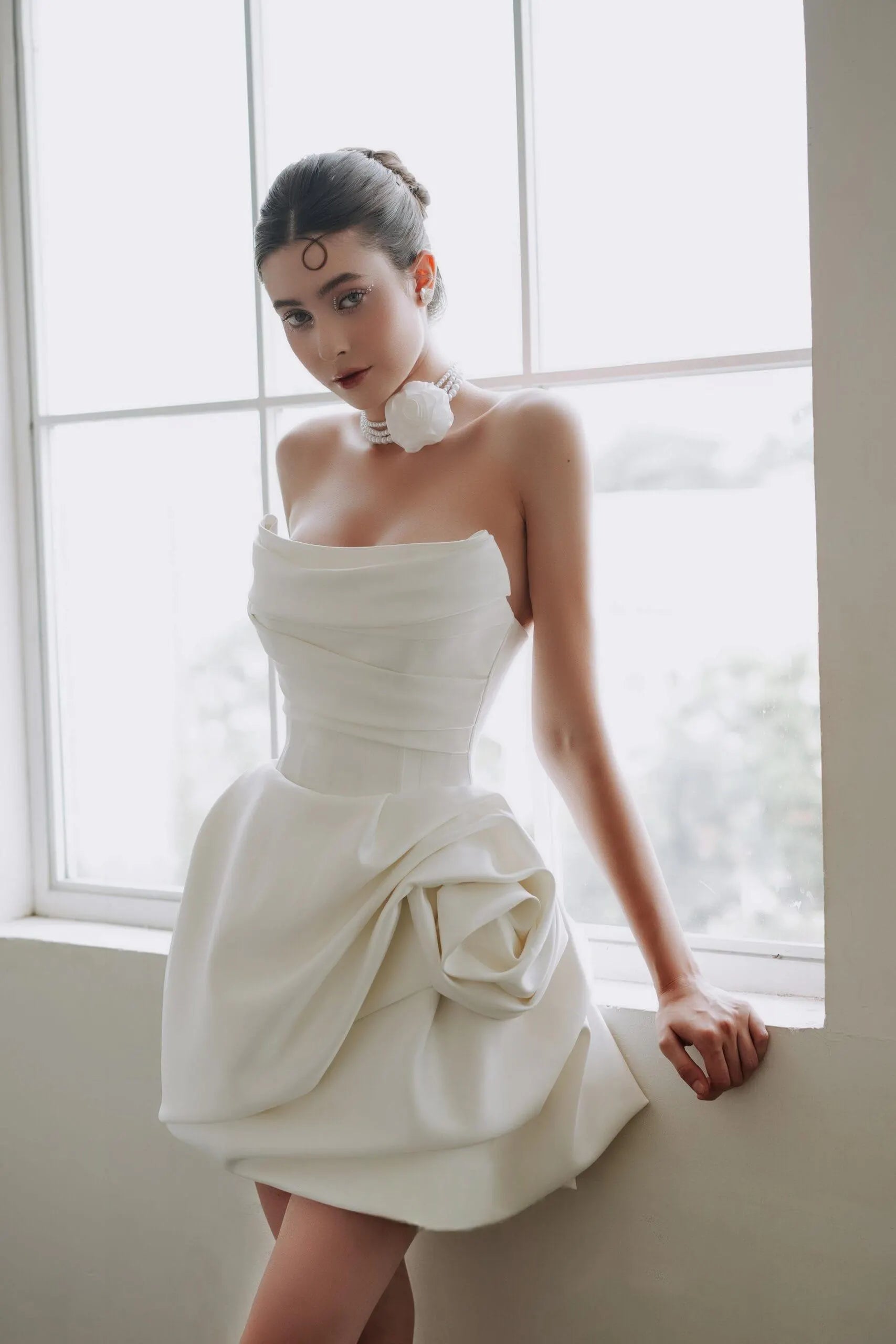 Chic A-Line Strapless Draped 3D Rose Satin White Short Homecoming Dress