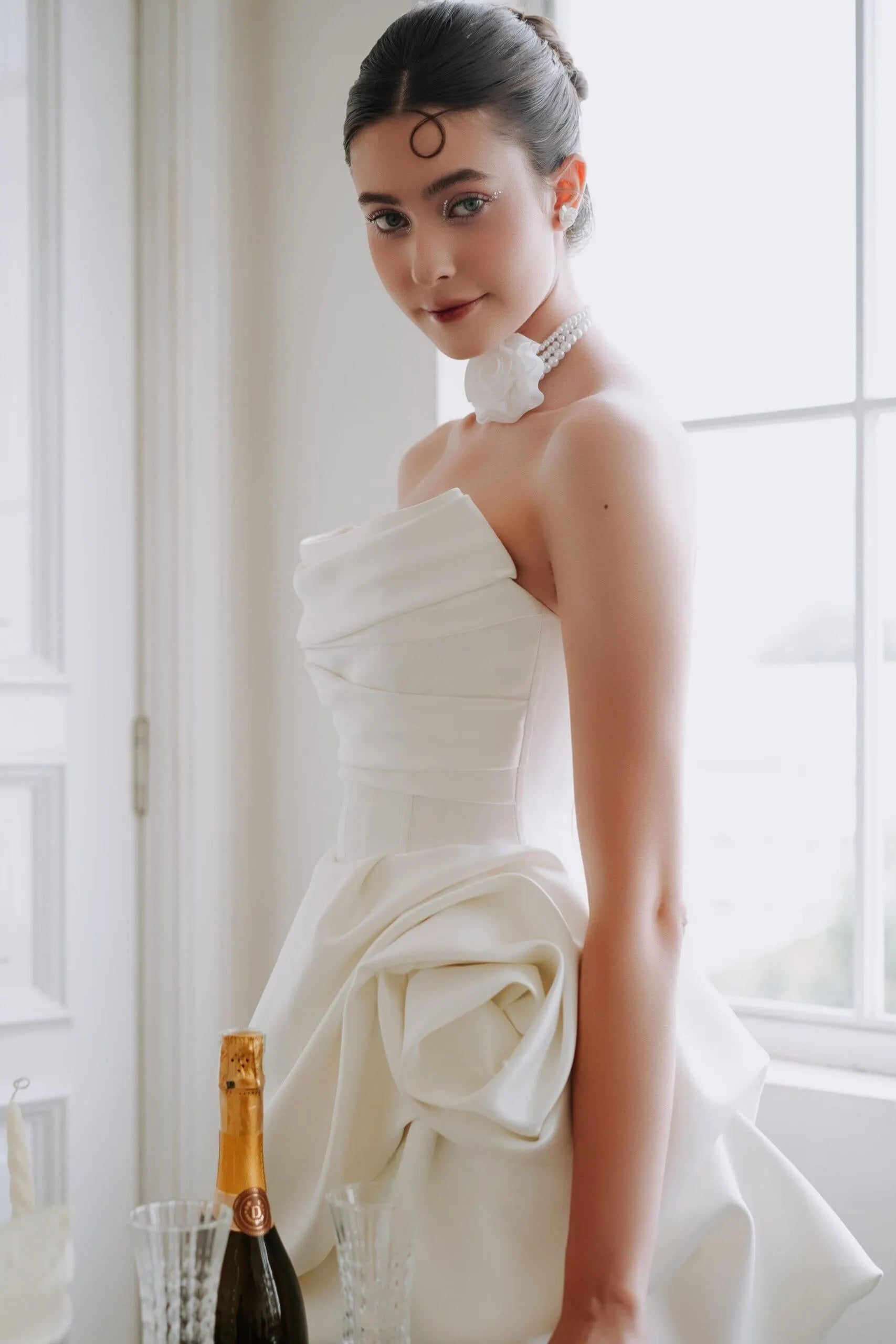 Chic A-Line Strapless Draped 3D Rose Satin White Short Homecoming Dress