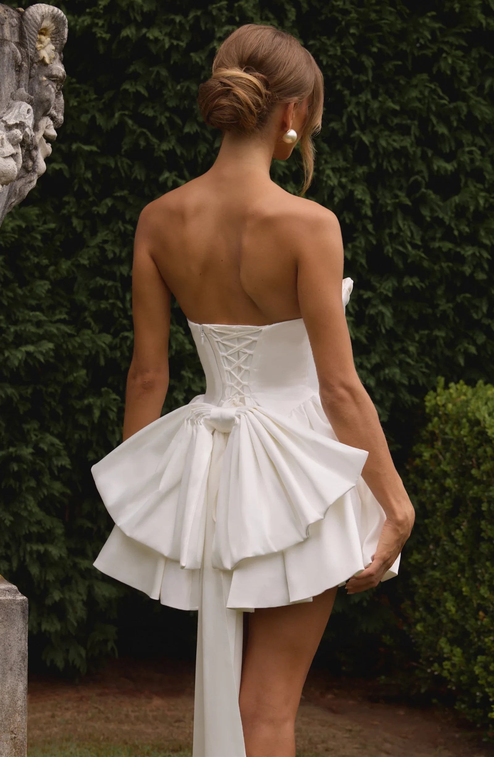 Chic A-Line Strapless Draped Bow Satin Ivory Mini Homecoming Dress With Streamer