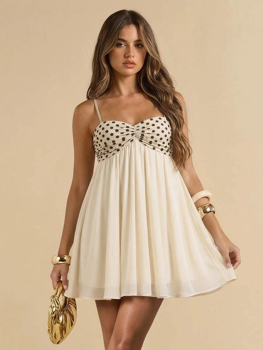 Chic A-Line Sweetheart Spaghetti Strap Ruched Polka Dot Cream Mini Homecoming Dress