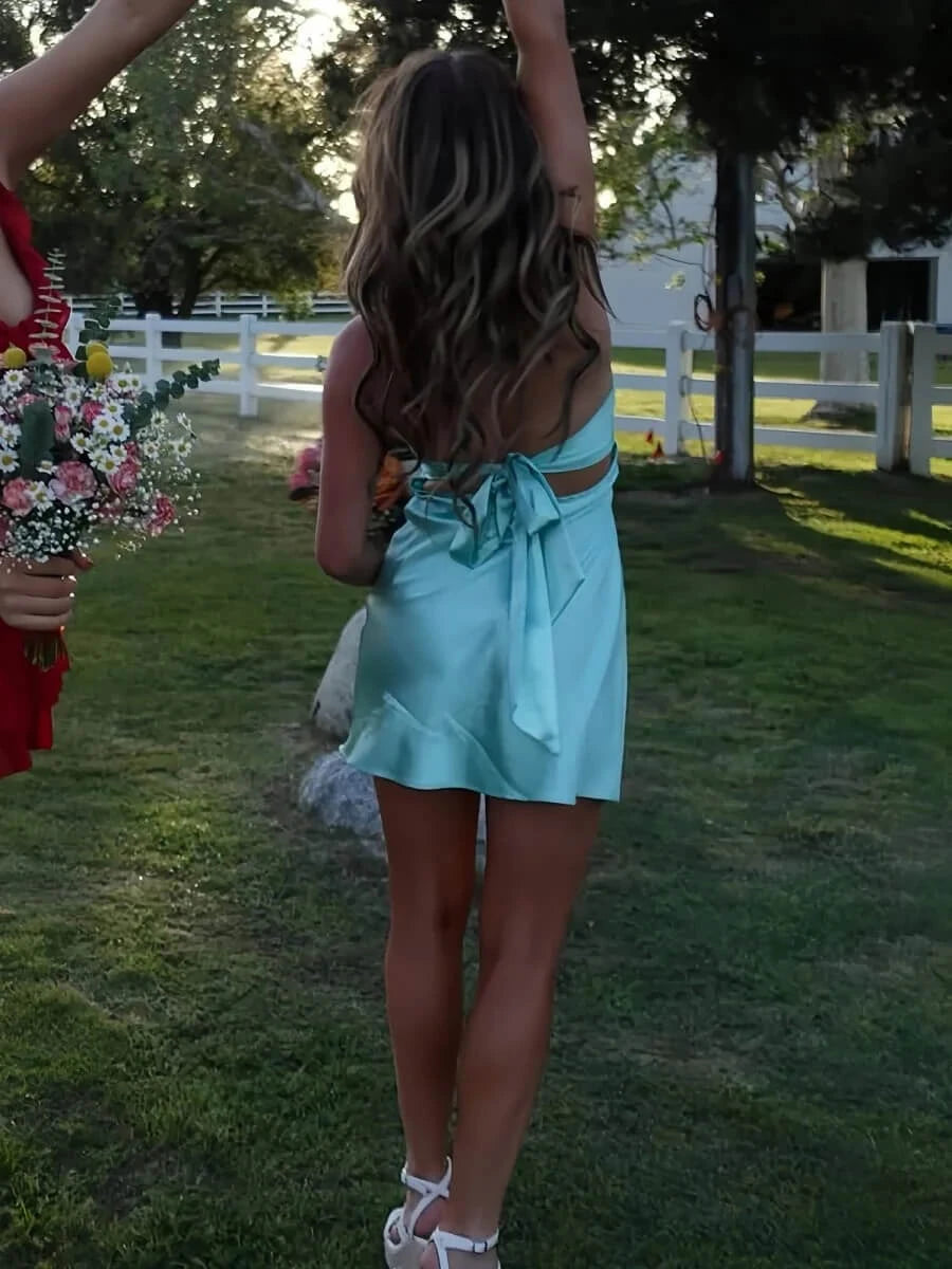 Chic A-Line Sweetheart Twist Front Open Back Aqua Short Homecoming Dresses