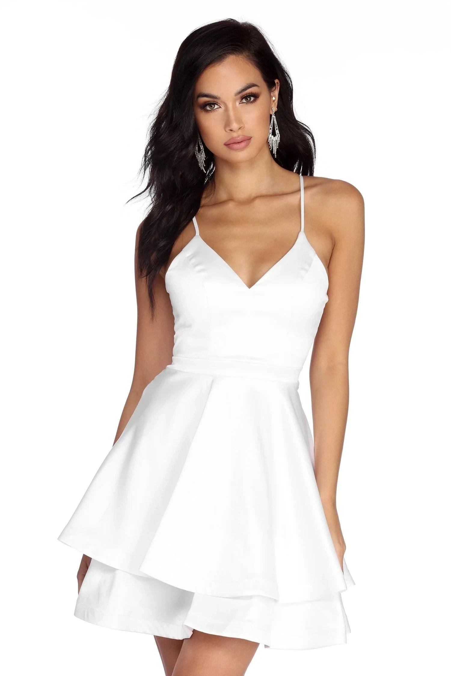 Chic A-Line V-Neck Lace Back Tiered Satin White Short Homecoming Dresses