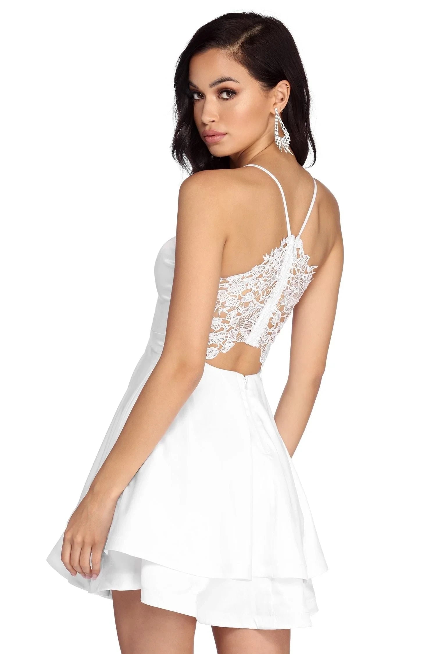 Chic A-Line V-Neck Lace Back Tiered Satin White Short Homecoming Dresses