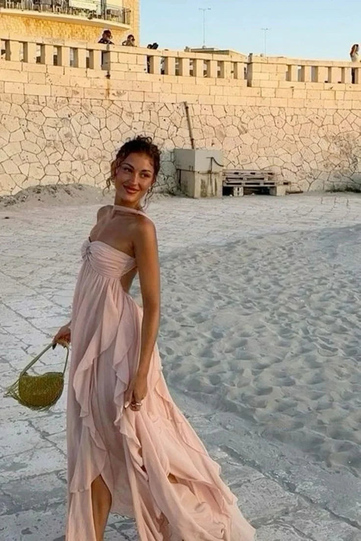 Chic A Line Halter Neck Ruffles Open Back Pink Long Prom Dress