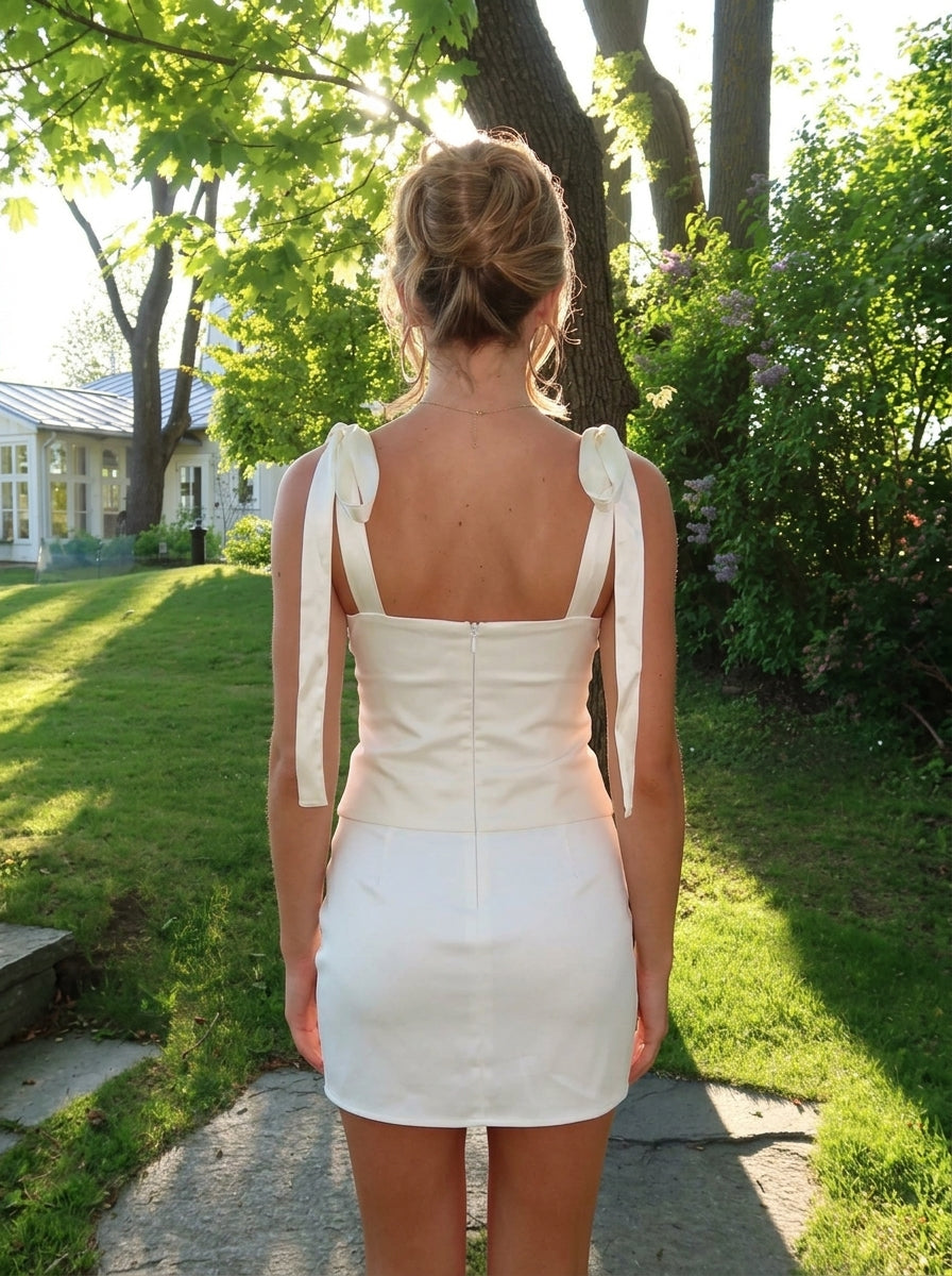 Chic Fitted Square Neck Tie-Strap Ruched Satin Ivory Mini Homecoming Dress