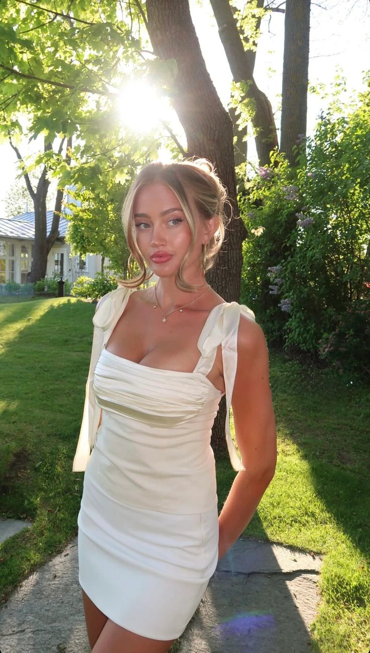 Chic Fitted Square Neck Tie-Strap Ruched Satin Ivory Mini Homecoming Dress