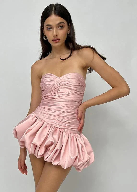 Chic Strapless Ruched Blush Pink Mini Bubble Homecoming Dress With Bubble Hem