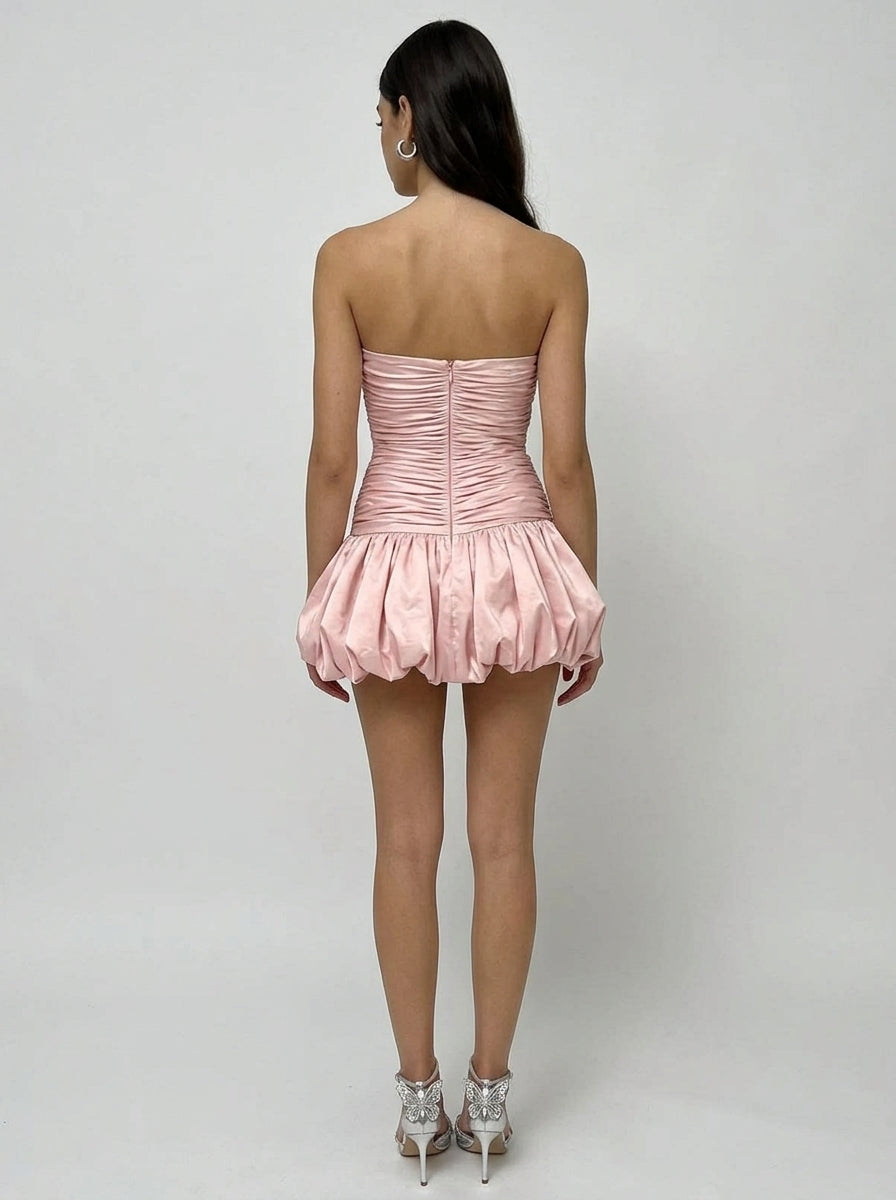 Chic Strapless Ruched Blush Pink Mini Bubble Homecoming Dress With Bubble Hem