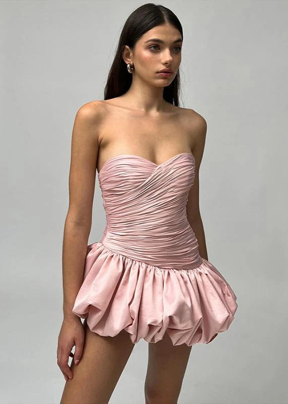 Chic Strapless Ruched Blush Pink Mini Bubble Homecoming Dress With Bubble Hem