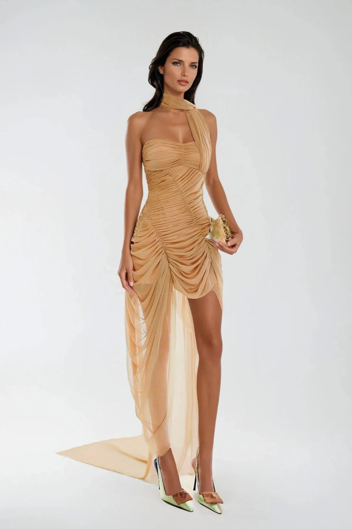 Chic Sweetheart Ruched Draped Nude Mini Homecoming Dress With Scarf