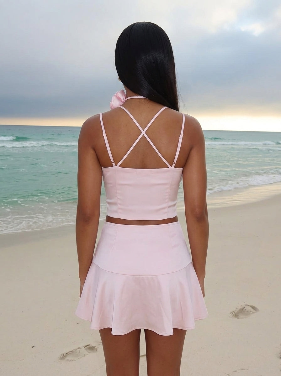 Chic Two-Piece V-Neck Light Pink Mini Homecoming Dress With Ruffled Hem