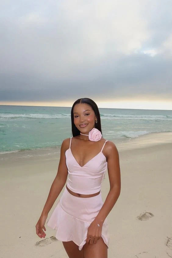 Chic Two-Piece V-Neck Light Pink Mini Homecoming Dress With Ruffled Hem