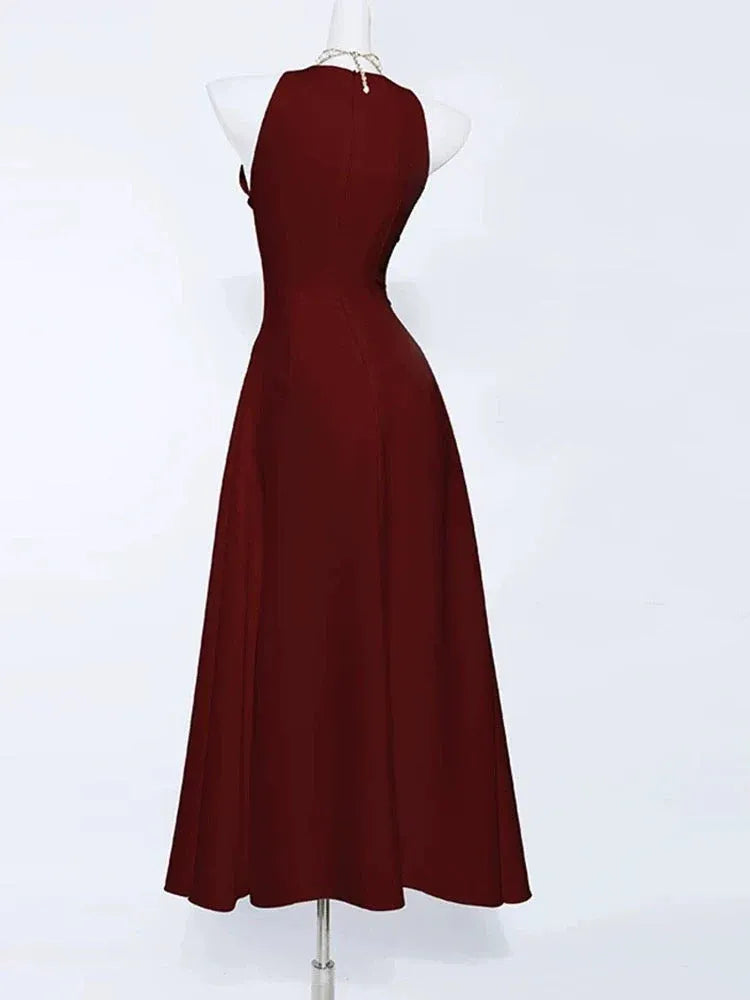 Classic A-Line Halter-Neck Sleeveless Solid Burgundy Midi-Length Evening Dress for Women