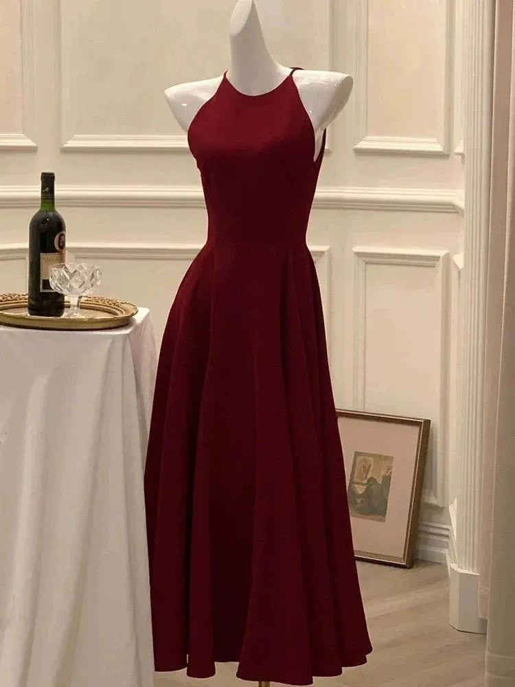 Classic A-Line Halter-Neck Sleeveless Solid Burgundy Midi-Length Evening Dress for Women