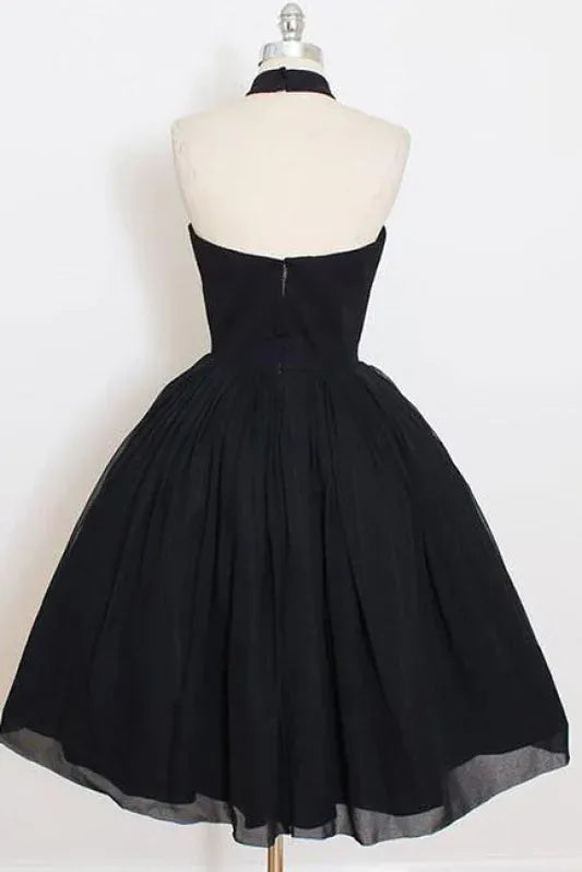 Classic A-Line Halter Neck Open Back Black Midi Homecoming Dress For Women