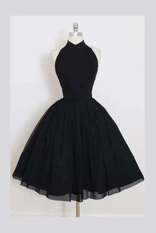 Classic A-Line Halter Neck Open Back Black Midi Homecoming Dress For Women