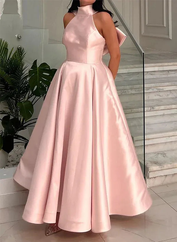Classic A-Line Halter Sleeveless Bow Satin Pink Floor-Length Prom Dress Buy