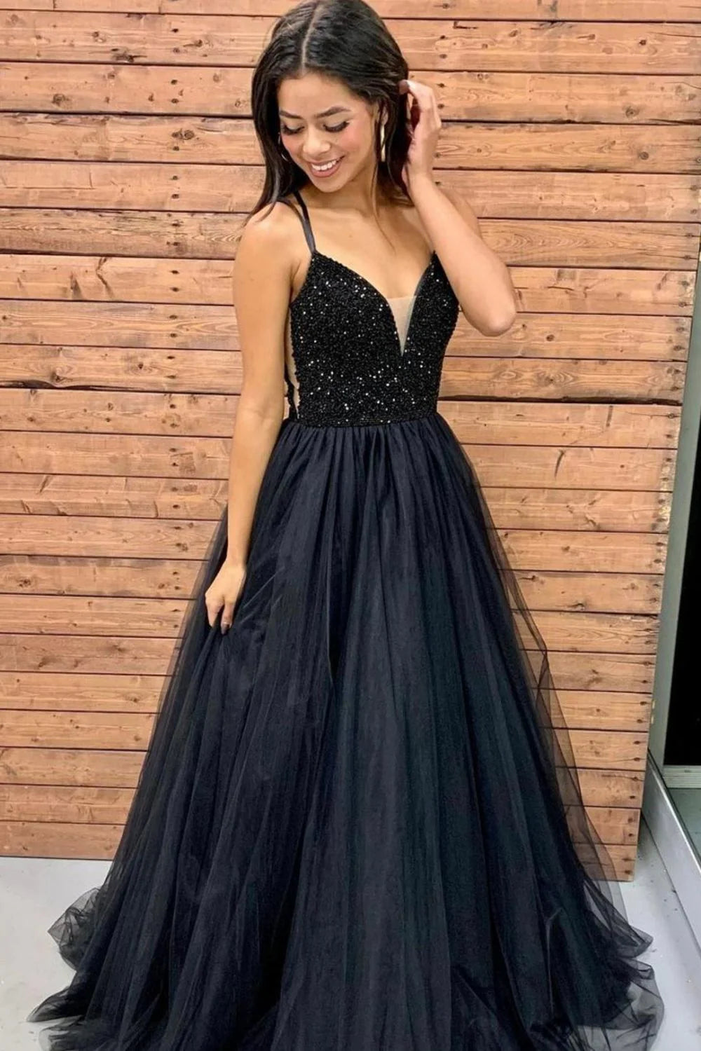Classic A Line Spaghetti Straps Beaded Black Floor Length Prom Dress