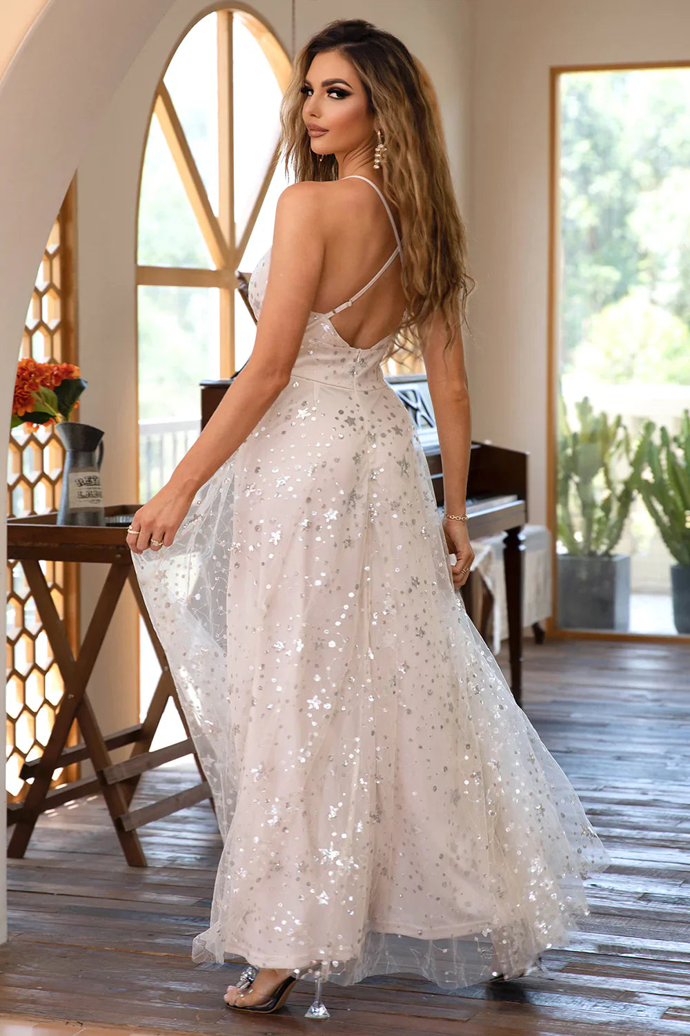 Classic A Line Spaghetti Straps Sequins Light Champagne Long Prom Dress