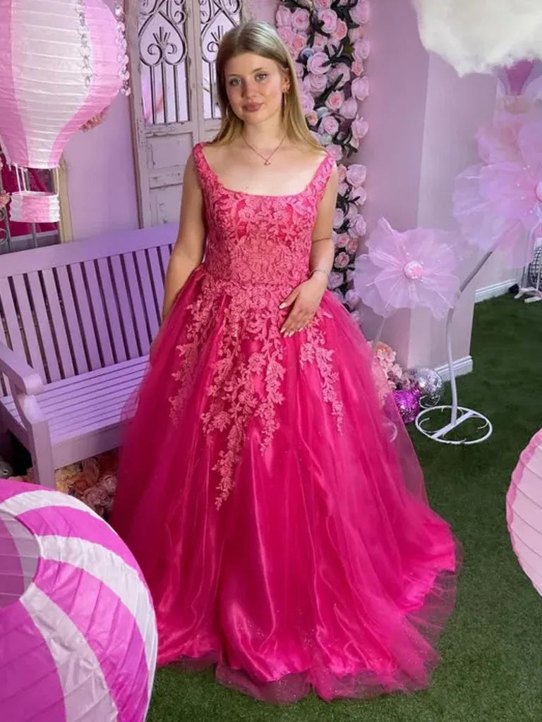 Classic A Line Square Neck Lace Applique Tulle Hot Pink Long Prom Dress