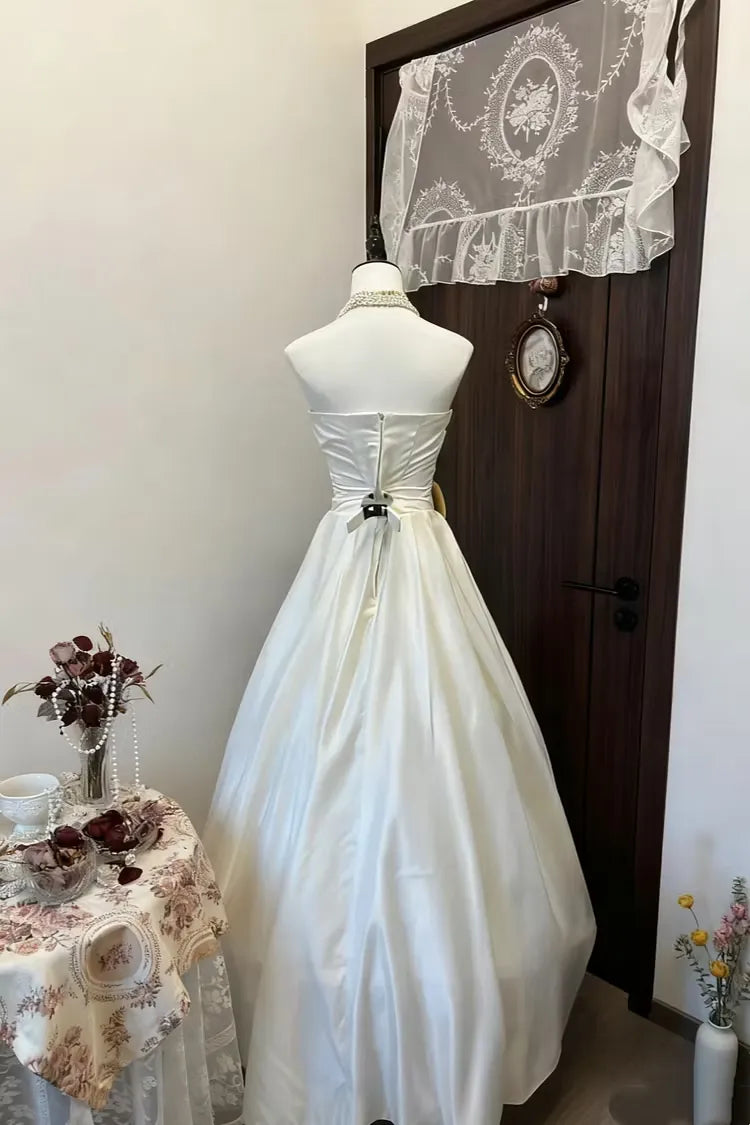 Classic Ball Gown Strapless Bow-Accented Sash Satin Ivory Floor-Length Prom Dress