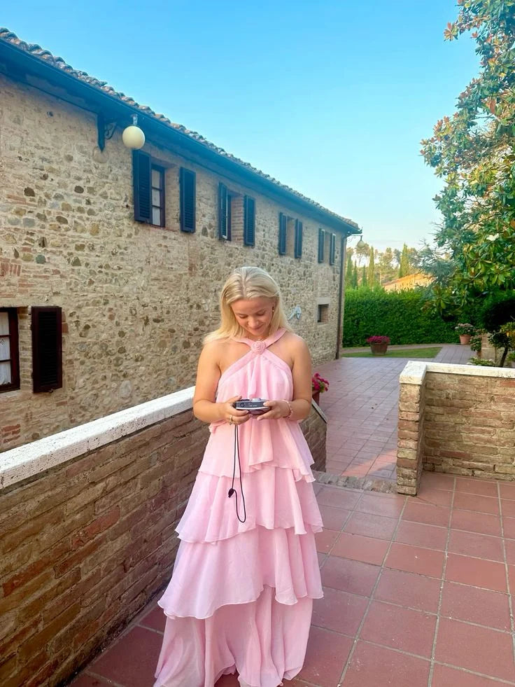 Classic V Neck Tiered Chiffon Pink Long Prom Dress 22th Birthday Outfit