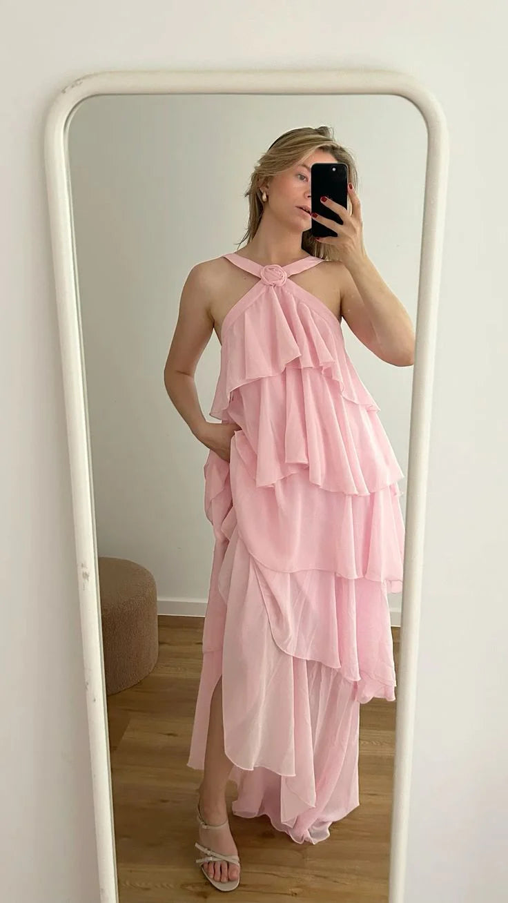 Classic V Neck Tiered Chiffon Pink Long Prom Dress 22th Birthday Outfit
