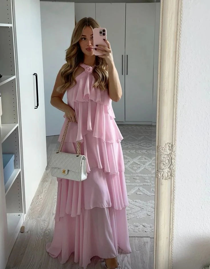 Classic V Neck Tiered Chiffon Pink Long Prom Dress 22th Birthday Outfit