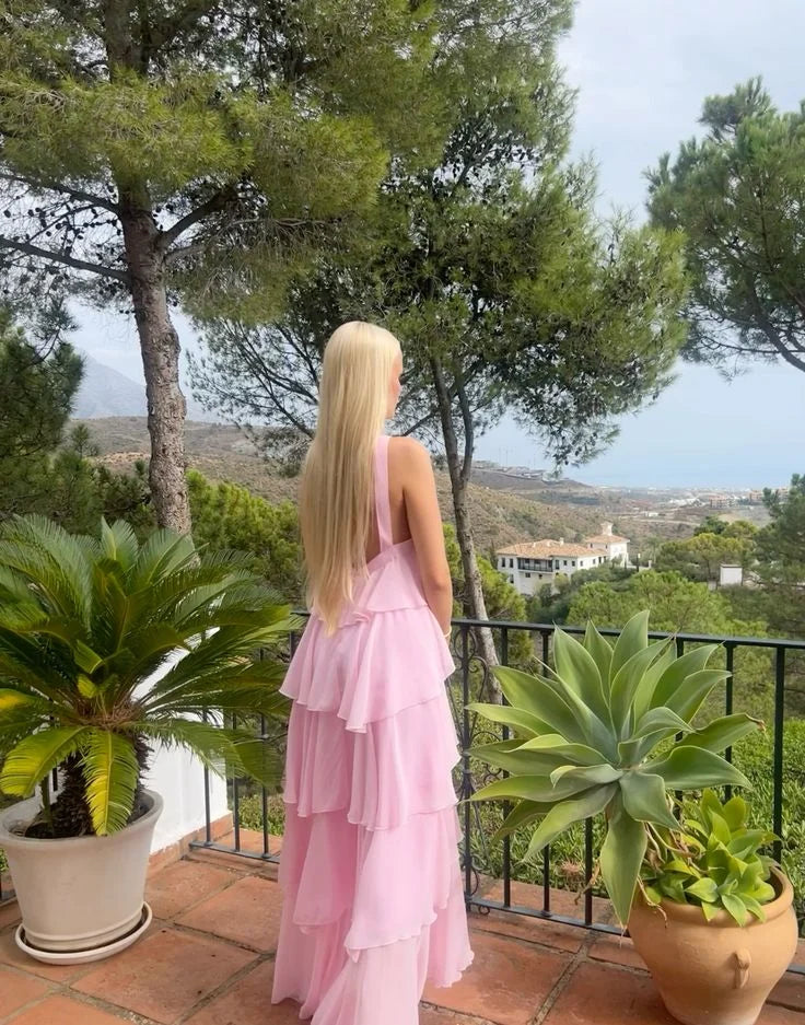 Classic V Neck Tiered Chiffon Pink Long Prom Dress 22th Birthday Outfit