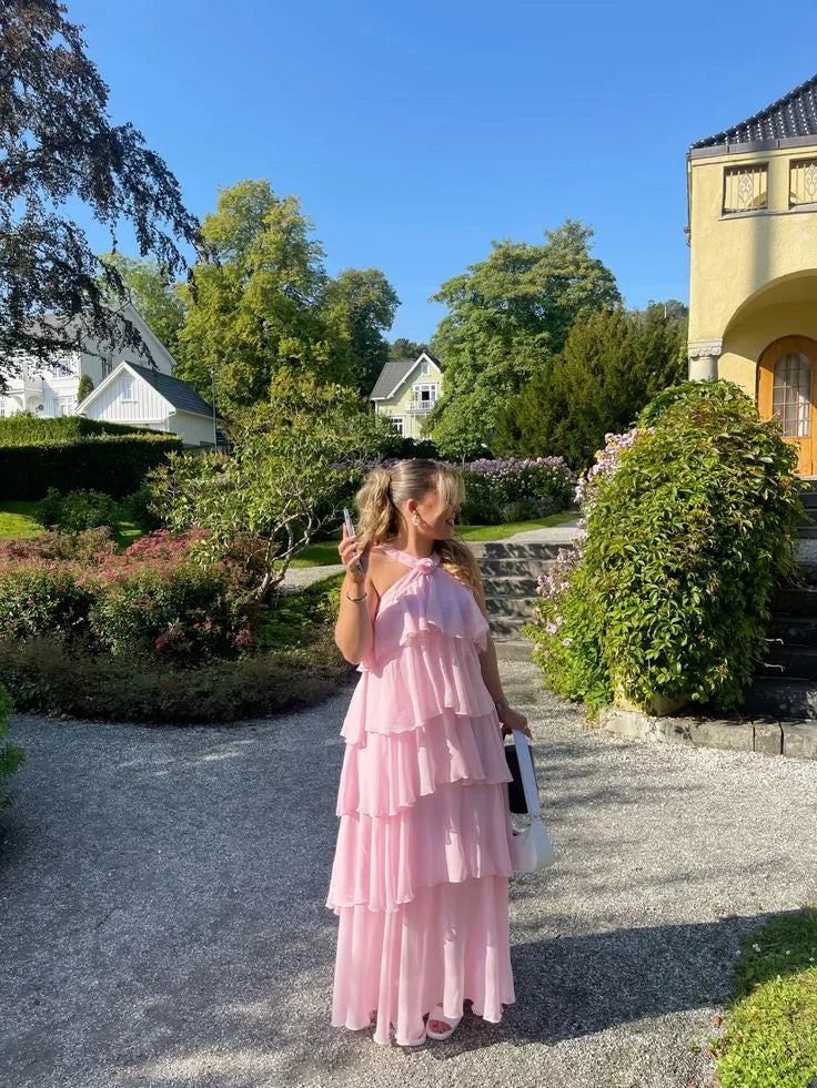 Classic V Neck Tiered Chiffon Pink Long Prom Dress 22th Birthday Outfit