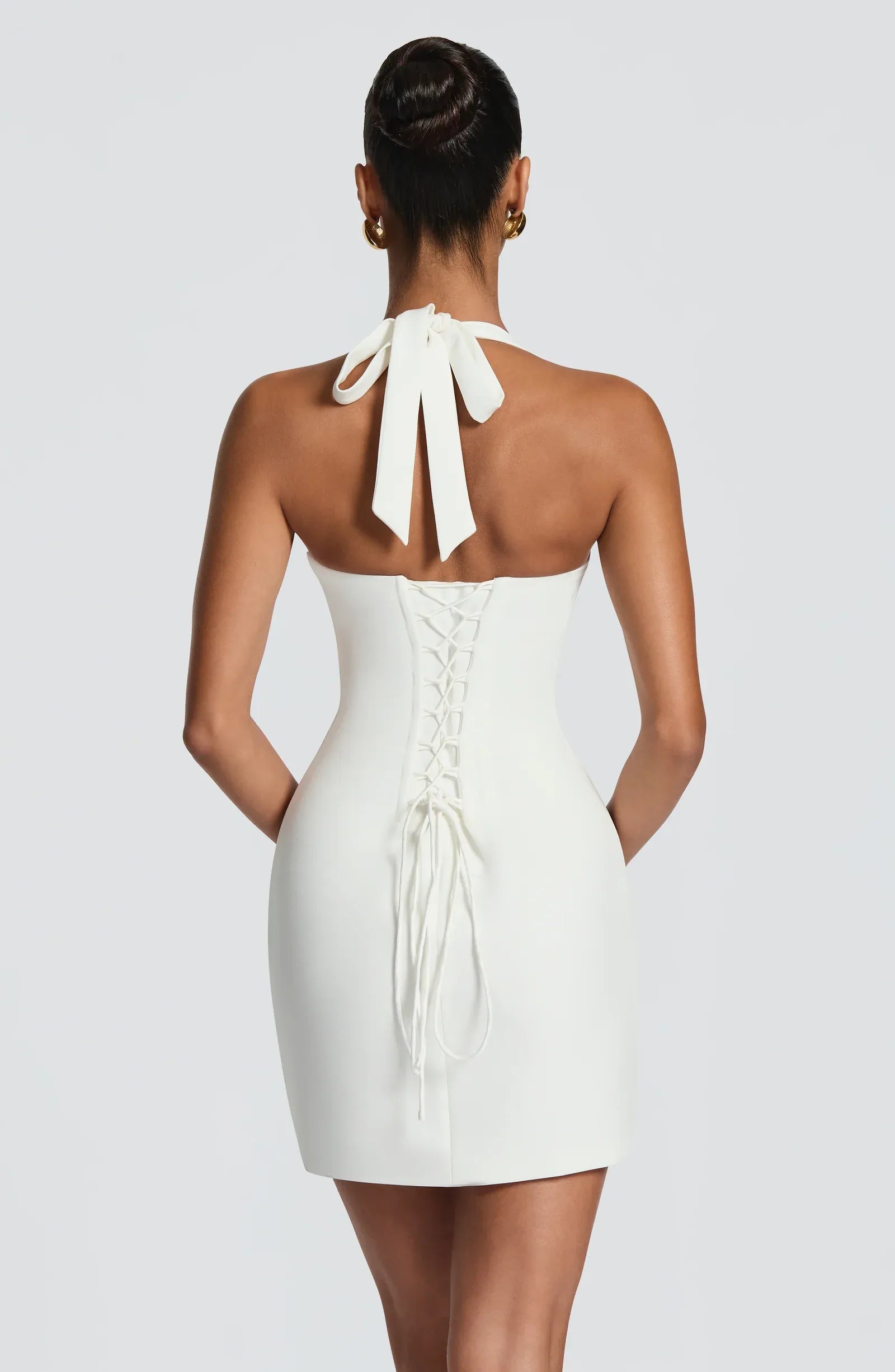 Classic Bodycon Halter Lace Bust Lace Up Back White Mini Homecoming Dress With Tie