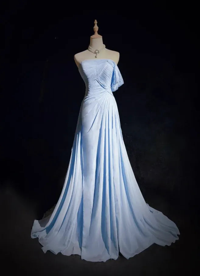 Classy A-Line Strapless Pleated Chiffon Light Blue Long Prom Dress For Ladies