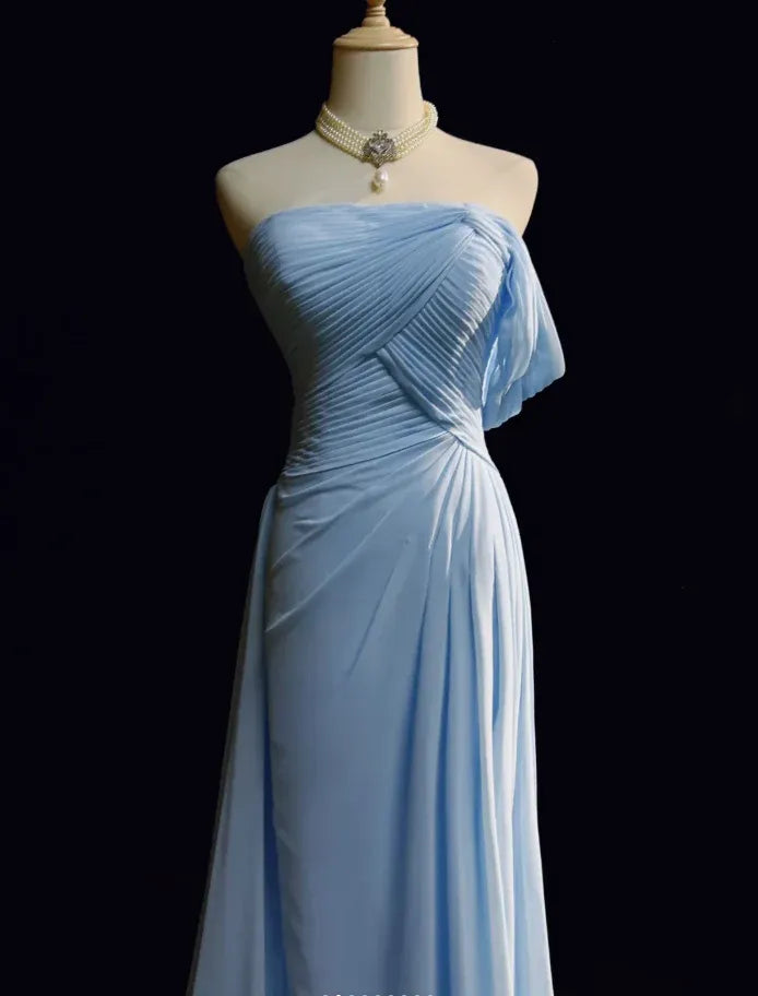 Classy A-Line Strapless Pleated Chiffon Light Blue Long Prom Dress For Ladies