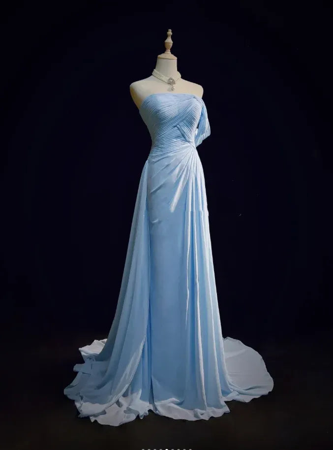 Classy A-Line Strapless Pleated Chiffon Light Blue Long Prom Dress For Ladies