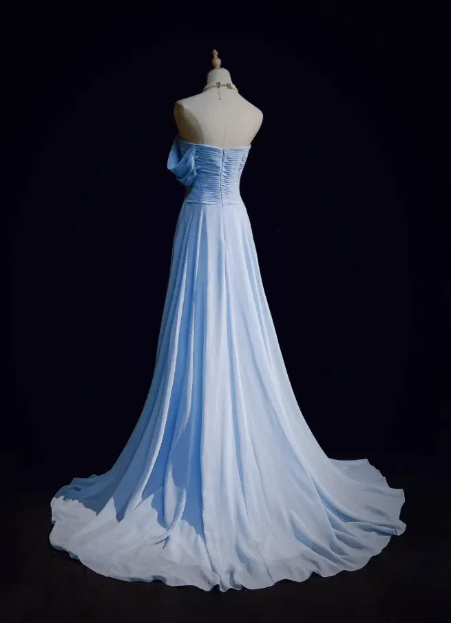 Classy A-Line Strapless Pleated Chiffon Light Blue Long Prom Dress For Ladies