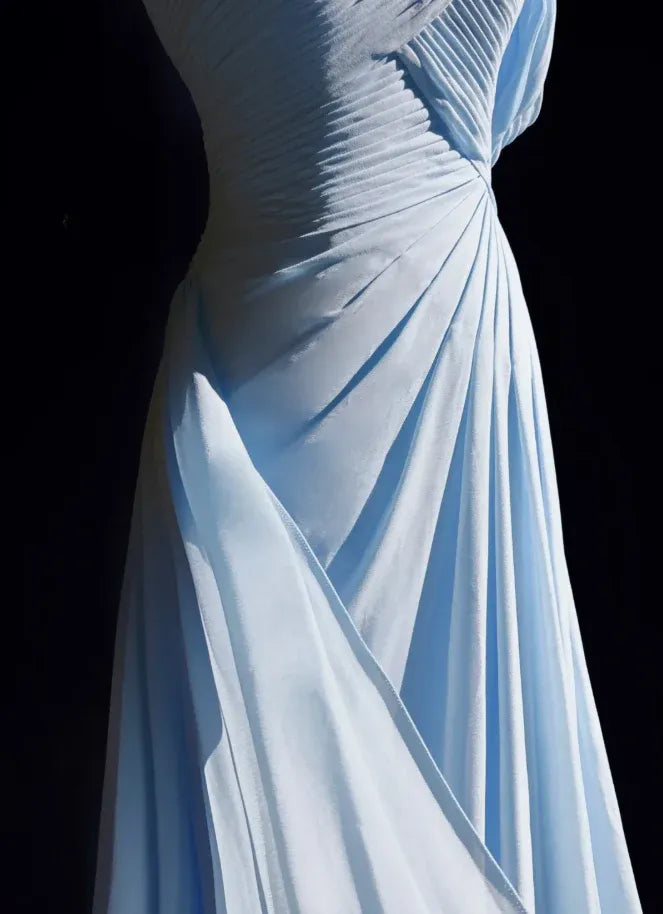 Classy A-Line Strapless Pleated Chiffon Light Blue Long Prom Dress For Ladies