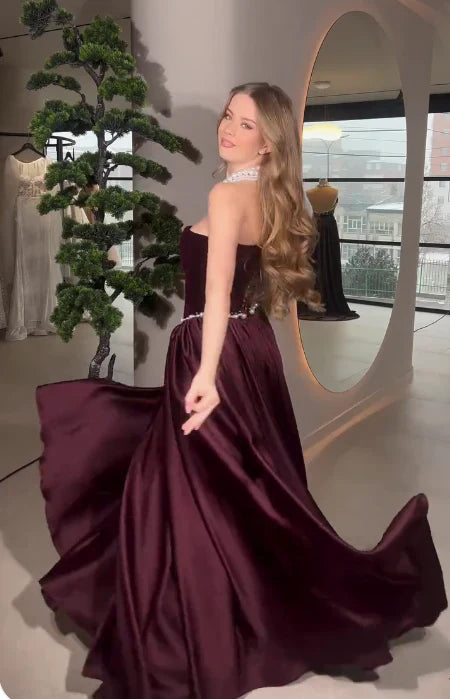Classy A Line Strapless Sleeveless Lace Up Sweep/Brush Train Prom Dresses