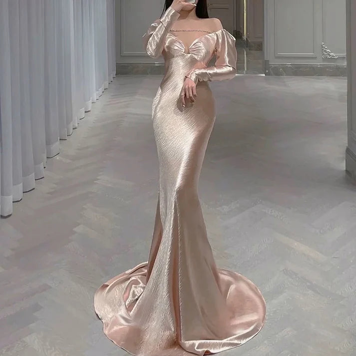 Classy Mermaid Off The Shoulder Long Sleeves Satin Pink Prom Dresses