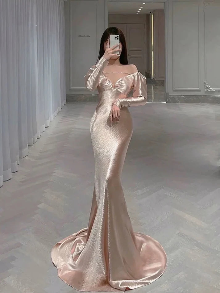 Classy Mermaid Off The Shoulder Long Sleeves Satin Pink Prom Dresses